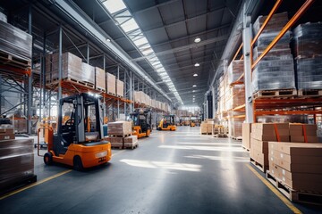 Large modern warehouse with forklifts. - obrazy, fototapety, plakaty