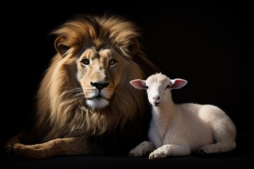 Lion and lamb in front of a black background. 