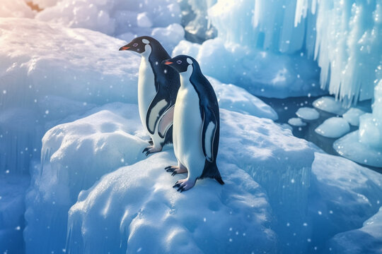 Penguins on the iceberg, antarctica, bird and animal, top view, illustration. Generative AI. Nature, floe, polar, wildlife and glacier, image