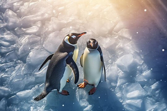 Penguins on the iceberg, antarctica, bird and animal, top view, illustration. Generative AI. Nature, floe, polar, wildlife and glacier, image - Powered by Adobe