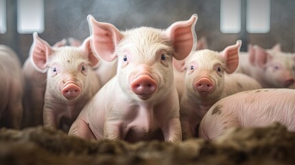 Generative AI, little pigs looking at the camera on a farm