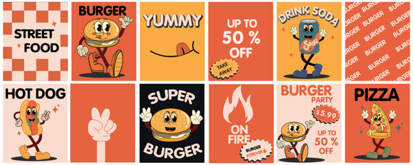 Burger retro cartoon fast food posters and cards. Comic character slogan quote and other elements for burger,Hot dog bar restaurant. Social media templates stories posts. Groovy funky vector 