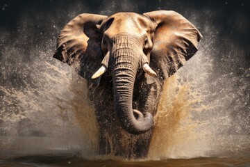 charging bull elephant splashing through water © primopiano