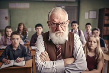 Portrait of angry old teacher in a class at elementary school.