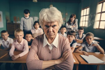 Portrait of angry old teacher in a class at elementary school.