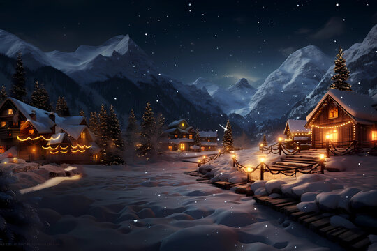 beleuchteter Christbaum in verschneiter, friedlicher Landschaft mit Häusern erstellt mit generativer KI