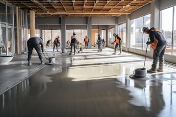 Grey self levelling liquid cement, construction floor, construction workers at work.