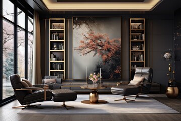 A depicts a contemporary living room with a sleek design. The room features a black leather armchair and is adorned with gold decorations.