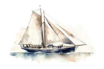 Large sail boat on white background, watercolor style. Generative AI.