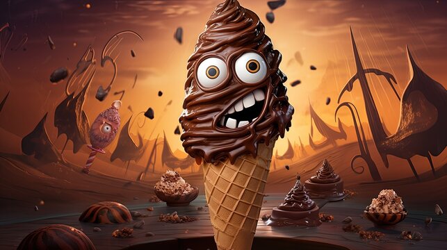  a chocolate ice cream cone with a face on top of it.  generative ai