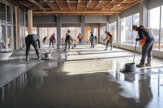 Grey self levelling liquid cement, construction floor, construction workers at work.