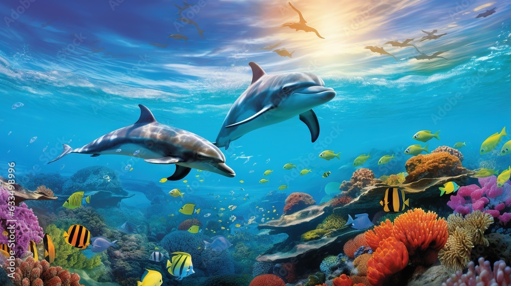 Wall mural  a painting of two dolphins swimming over a coral reef with tropical fish.  generative ai