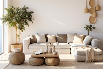 Stylish home decor with modular sofa, rattan armchair, dried flowers, coffee table, and elegant accessories.