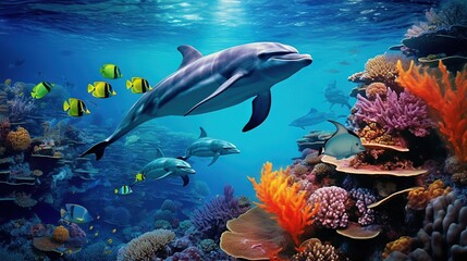  a painting of a dolphin swimming over a coral reef with fish.  generative ai