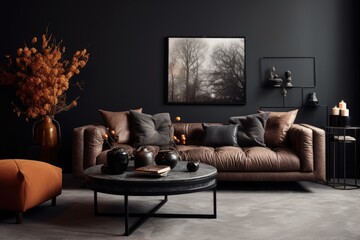 A chic living room arrangement featuring a cozy darkcolored sofa.