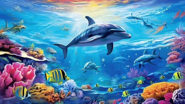  a painting of a dolphin swimming in the ocean with fish.  generative ai