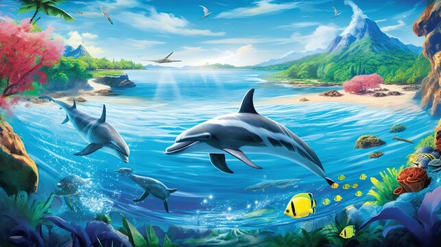  a painting of dolphins swimming in the ocean with tropical scenes.  generative ai