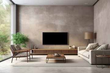 Mockup Of TV room with a loftstyle interior design, showcasing a concrete wall. The rendering is done in to provide a realistic representation.