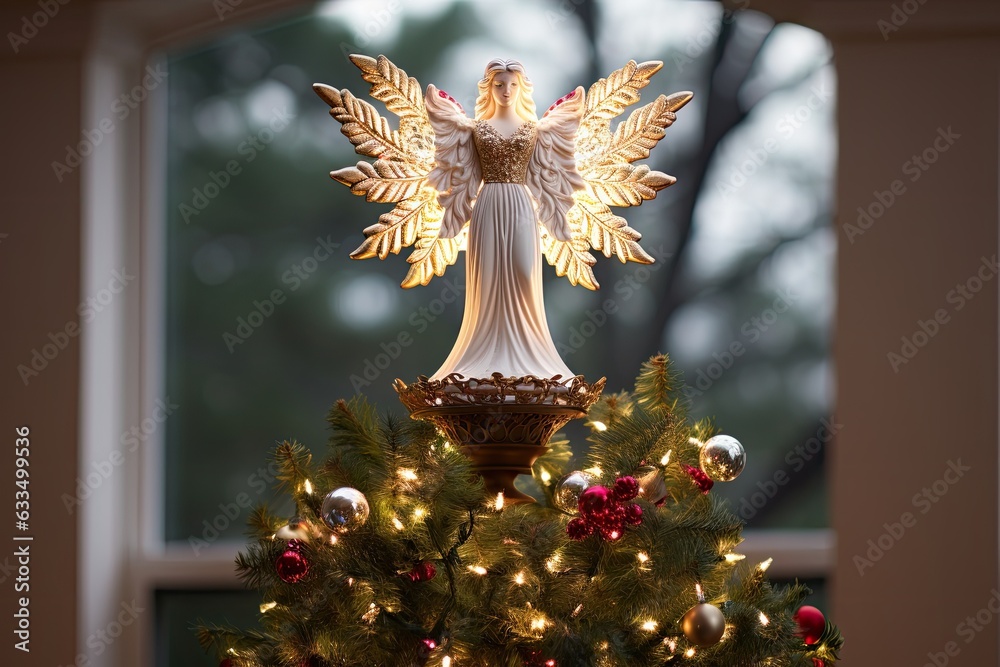 Wall mural christmas tree topper christmas angel decoration element. sits atop the christmas tree, illuminated 