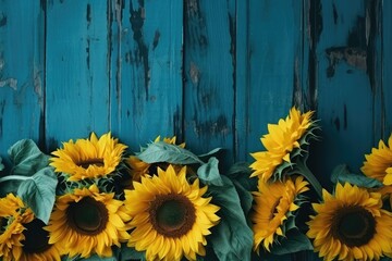 Yellow sunflowers on blue rustic wooden background, AI generated