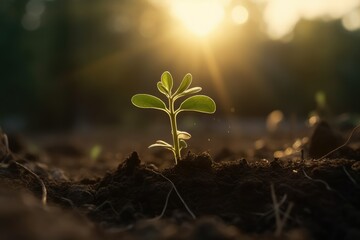 young plant growing from seed in soil in park in sunrise, AI generated - obrazy, fototapety, plakaty