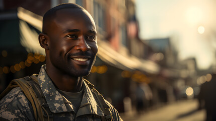 Portrait of black man american soldier smiling while standing on the street of small town. U.S. military veteran coming home after military service. - obrazy, fototapety, plakaty