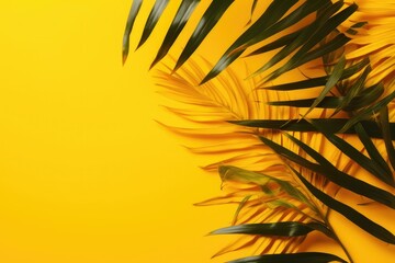 Fototapeta na wymiar Tropical palm leaves on yellow background. Summer concept, AI generated