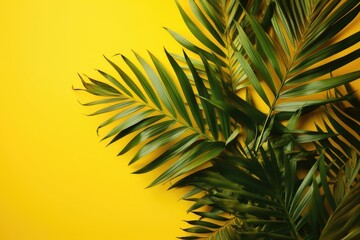 Tropical palm leaves on yellow background. Summer concept, AI