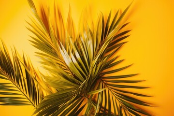 Tropical palm leaves on yellow background. Summer concept