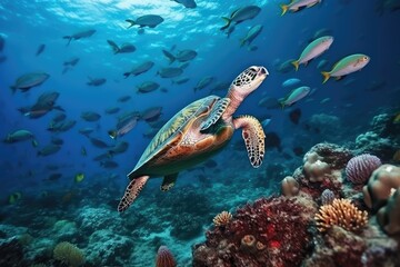 turtle with group of colorful fish and sea animals, AI