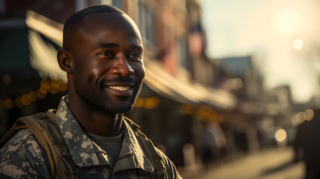 Portrait of black man american soldier smiling while standing on the street of small town. U.S. military veteran coming home after military service.