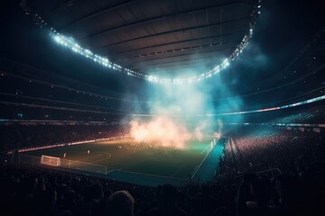 view inside soccer stadium with Fans on stadium game, AI - obrazy, fototapety, plakaty