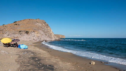 A view from 'Laz Bay' Beach in Gokceada. It is a sandy beach and one of the most popular beach on the island.