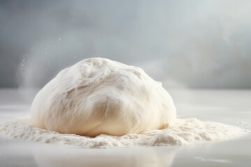 Fototapeta na wymiar Raw dough and flour on light background