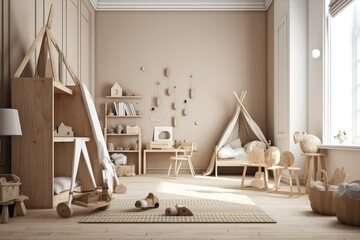 Fototapeta na wymiar Wall mock up in children room in natural wooden design, AI generated