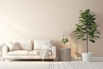 Wall mock up in cream color tones with plant, generated AI