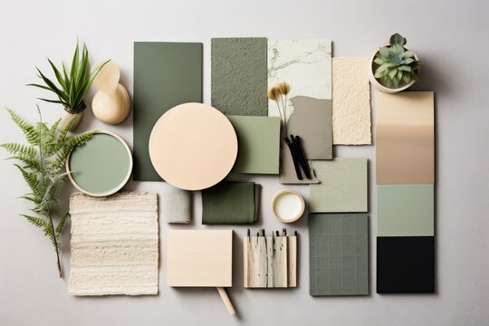 A visually appealing arrangement of interior designer moodboard elements including fabric and paint samples, panels, and cement tiles in a creative flat lay composition. The color palette features