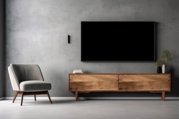 Wall mounted tv and wooden cabinet with gray armchair, AI - obrazy, fototapety, plakaty