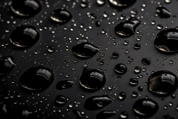 Water drops on a black  leather surface. Close up, AI