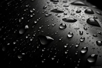 Water drops on a black  leather surface. Close up, AI generated