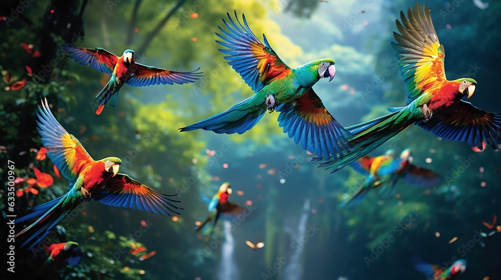 Wall mural  a group of colorful birds flying over a forest filled with trees.  generative ai