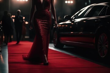 Woman arriving with limousine walking on red carpet, AI generated