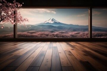wooden floor with Fuji mountain and cherry blossoms, AI - obrazy, fototapety, plakaty