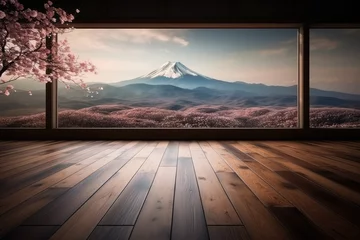 Foto op Canvas wooden floor with Fuji mountain and cherry blossoms, AI © GalleryGlider
