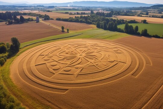 aerial perspective of a crop circle with mathematical symbols