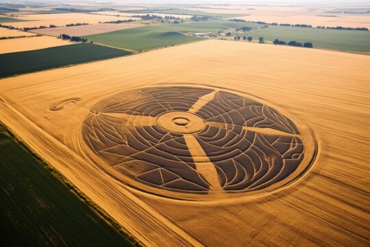 birds eye view of a crop circle resembling ancient glyphs