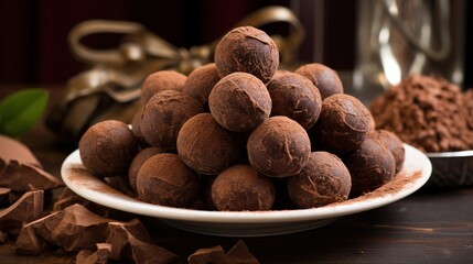  a plate of chocolate truffles next to a spoon.  generative ai