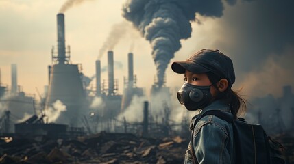 These images portray the stark reality of air pollution with smoking factory chimneys, featuring children wearing protective masks. generative AI