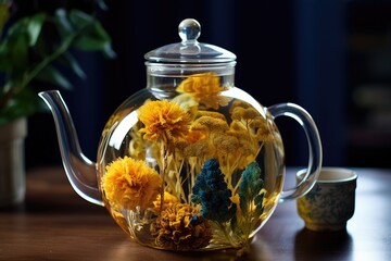 glass teapot with blooming tea flower inside