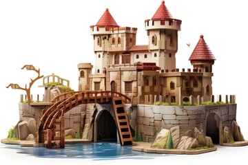 toy castle with drawbridge and moat concept - obrazy, fototapety, plakaty